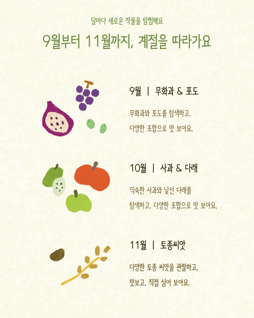 9월 무화과와 포도, 10월 사과와 다래, 11월 토종씨앗을 소개하는 월별 일정 안내