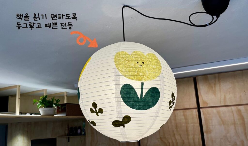책방에 반영된 모습 — 꽃이 그려진 둥근 전등